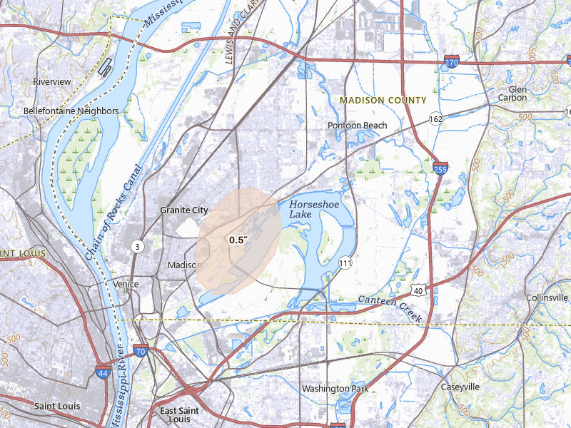 Radar-estimated hail-size map of the storm over Granite City, IL on Aug 16, 2026