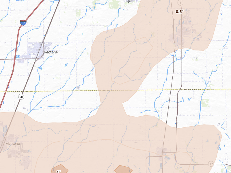 Radar-estimated hail-size map of the storm over Grant Park, IL on Jun 11, 2026