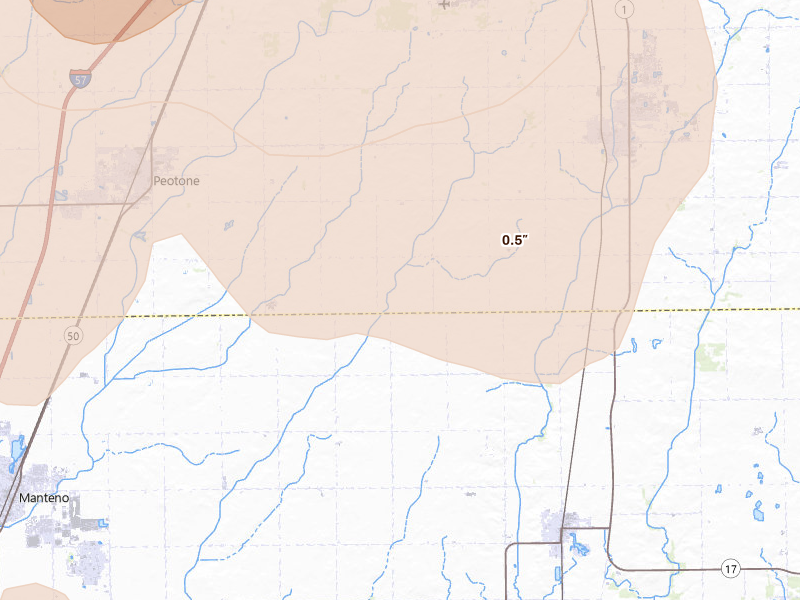 Radar-estimated hail-size map of the storm over Grant Park, IL on Jul 27, 2026