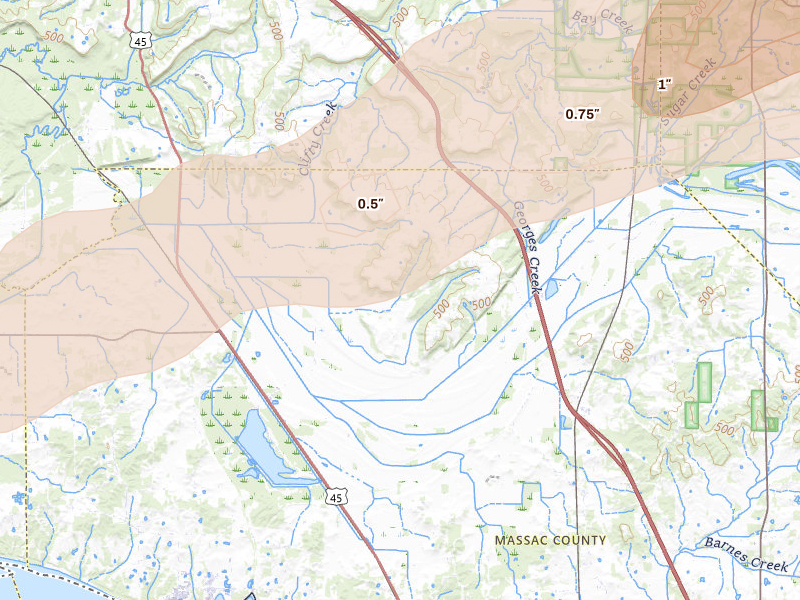 Radar-estimated hail-size map of the storm over Grantsburg, IL on Mar 4, 2026