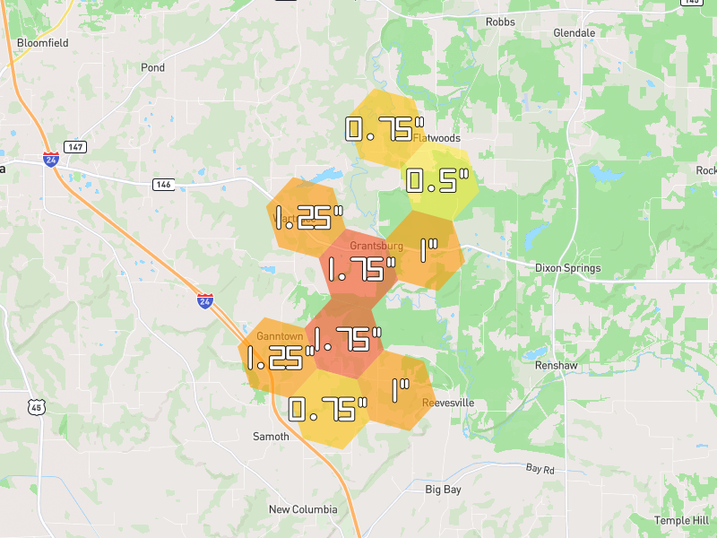 Hail map of Grantsburg, IL on Jul 4, 2026, hail up to 1.75"