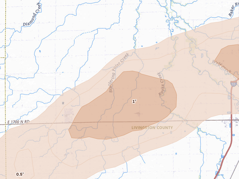 Radar-estimated hail-size map of the storm over Graymont, IL on Mar 10, 2026