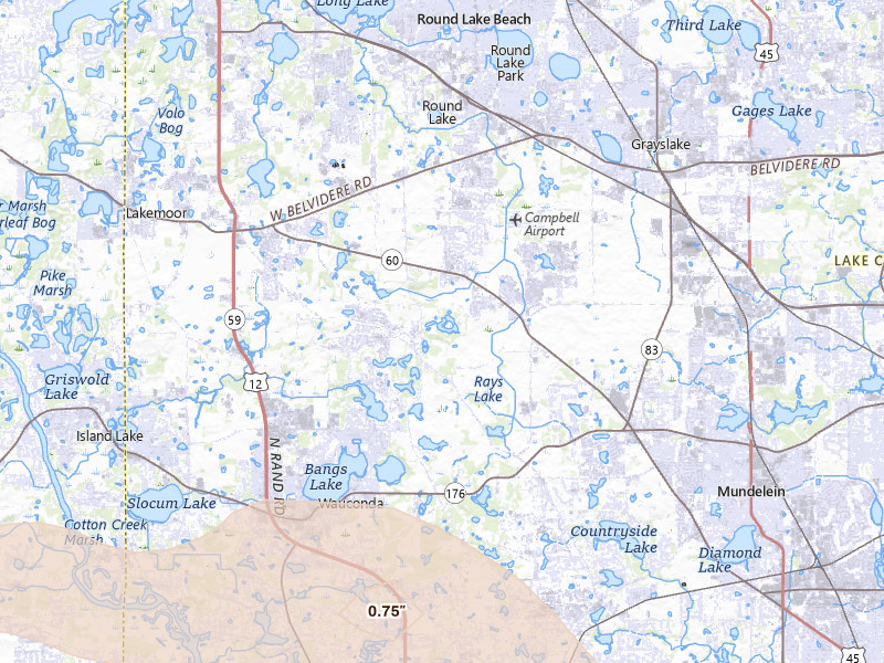 Radar-estimated hail-size map of the storm over Grayslake, IL on Jun 5, 2026