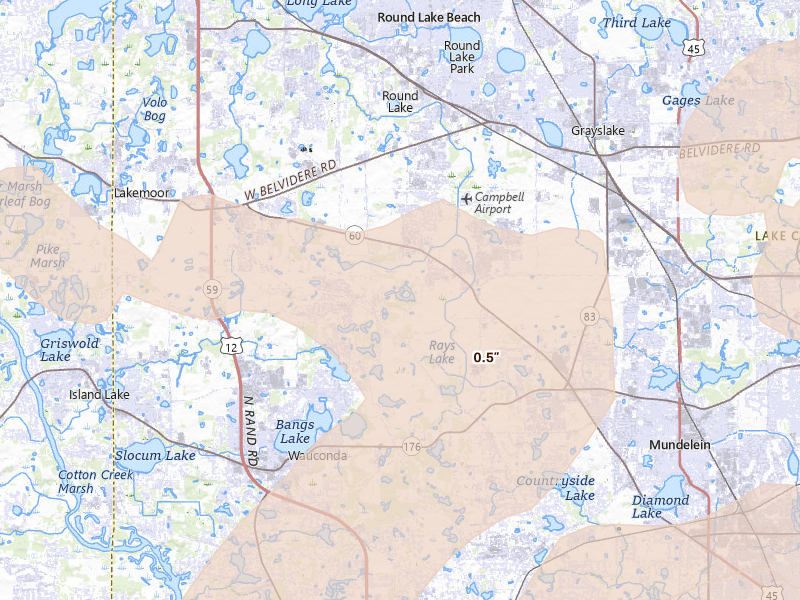 Radar-estimated hail-size map of the storm over Grayslake, IL on Aug 9, 2026