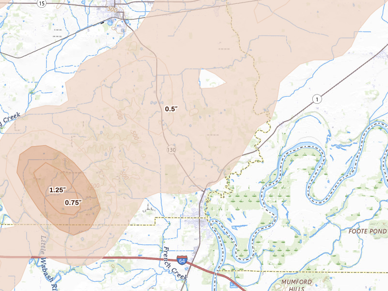 Radar-estimated hail-size map of the storm over Grayville, IL on Apr 27, 2026