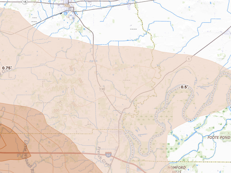 Radar-estimated hail-size map of the storm over Grayville, IL on May 16, 2026