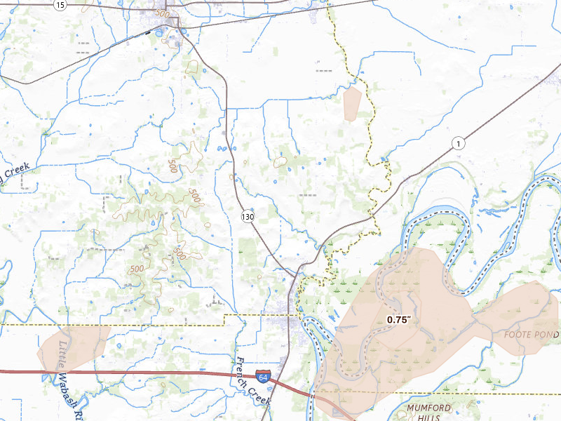 Radar-estimated hail-size map of the storm over Grayville, IL on Jul 4, 2026