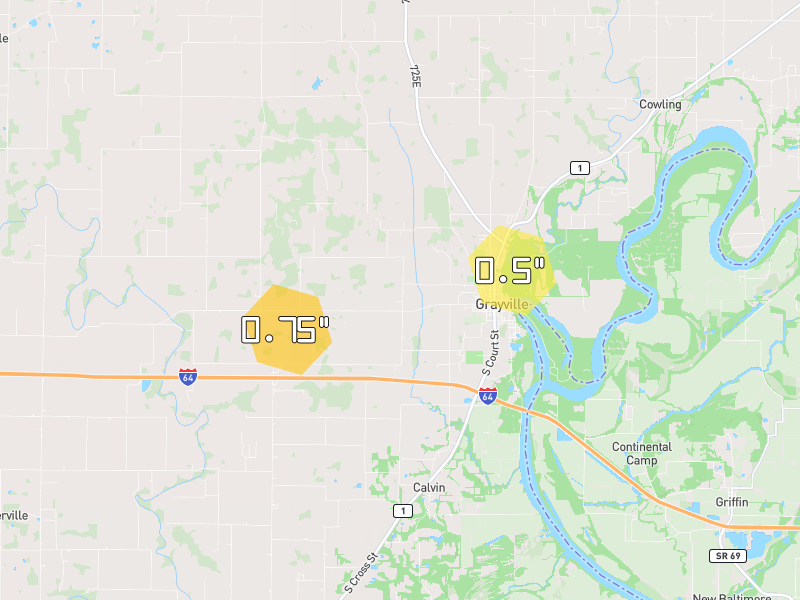 Hail map of Grayville, IL on Jul 4, 2026, hail up to 0.75"