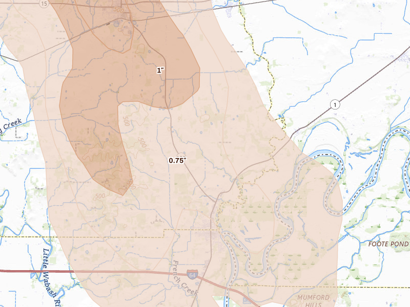 Radar-estimated hail-size map of the storm over Grayville, IL on Jul 26, 2026