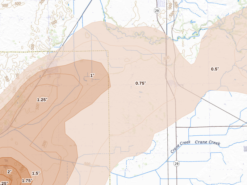 Radar-estimated hail-size map of the storm over Green Valley, IL on Apr 3, 2026