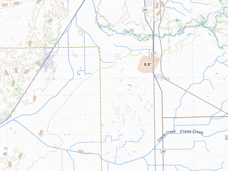 Radar-estimated hail-size map of the storm over Green Valley, IL on Aug 13, 2026