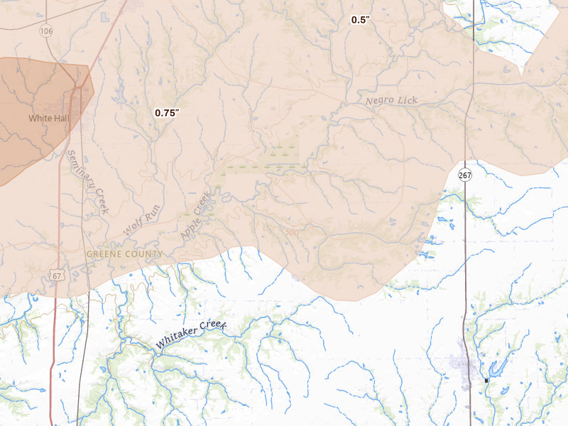 Radar-estimated hail-size map of the storm over Greenfield, IL on Apr 27, 2026