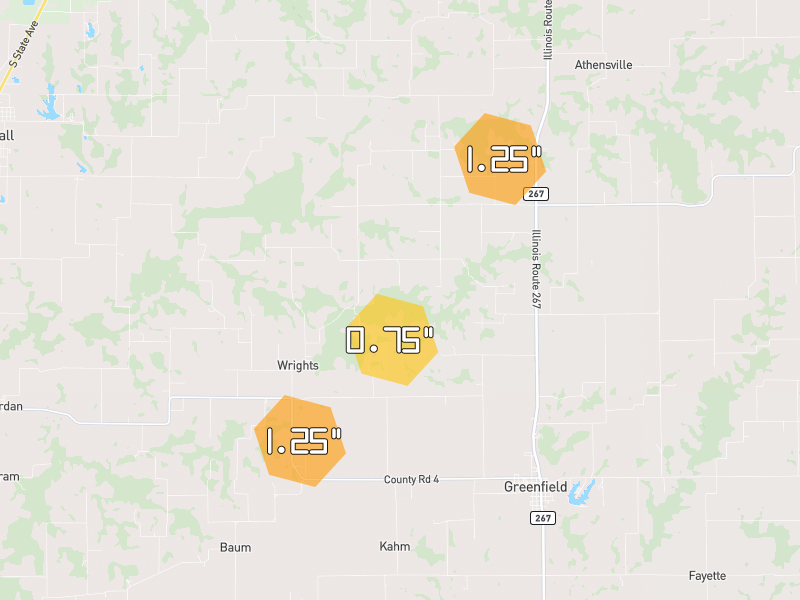 Hail map of Greenfield, IL on Jul 4, 2026, hail up to 1.25"