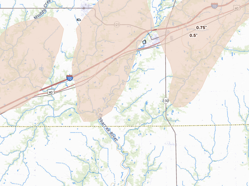 Radar-estimated hail-size map of the storm over Greenup, IL on Apr 27, 2026