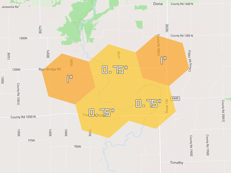 Hail map of Greenup, IL on Jun 9, 2026, hail up to 1"