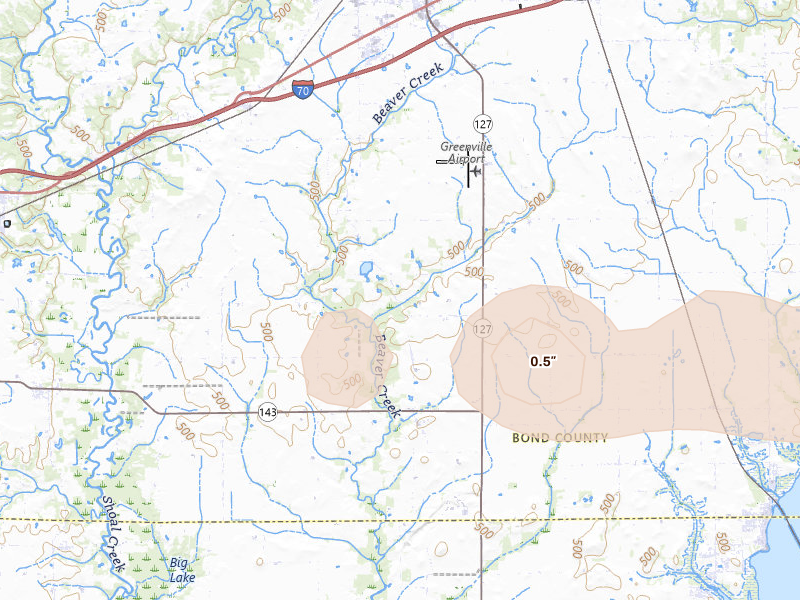 Radar-estimated hail-size map of the storm over Greenville, IL on Mar 22, 2026