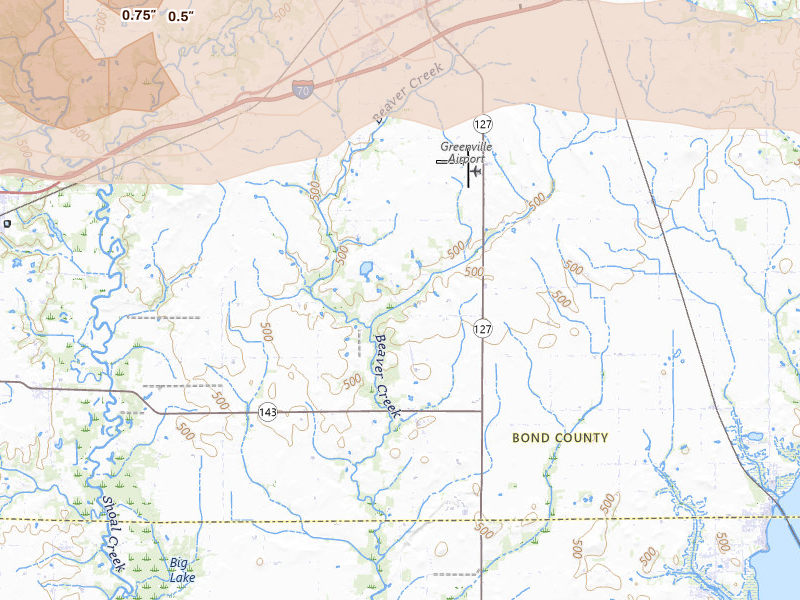 Radar-estimated hail-size map of the storm over Greenville, IL on May 4, 2026