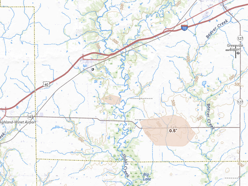 Radar-estimated hail-size map of the storm over Greenville, IL on Aug 19, 2026