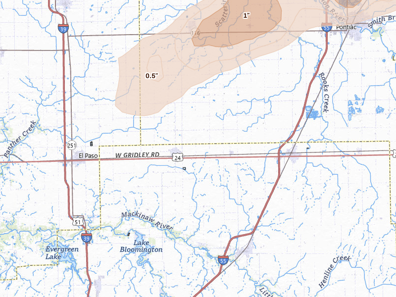 Radar-estimated hail-size map of the storm over Gridley, IL on Mar 10, 2026