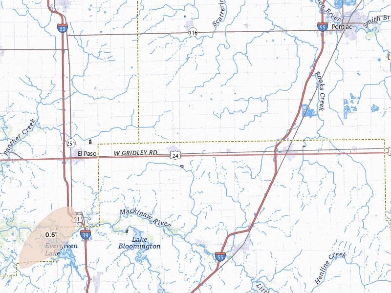 Radar-estimated hail-size map of the storm over Gridley, IL on Apr 3, 2026