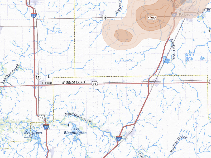 Radar-estimated hail-size map of the storm over Gridley, IL on Jun 11, 2026