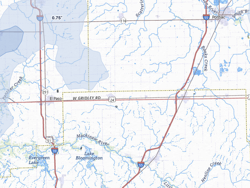 NEXRAD radar-signature map of the hail storm over Gridley, IL on Jul 4, 2026