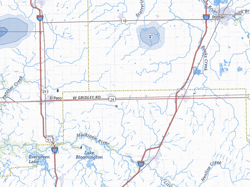 NEXRAD radar-signature map of the hail storm over Gridley, IL on Jul 9, 2026