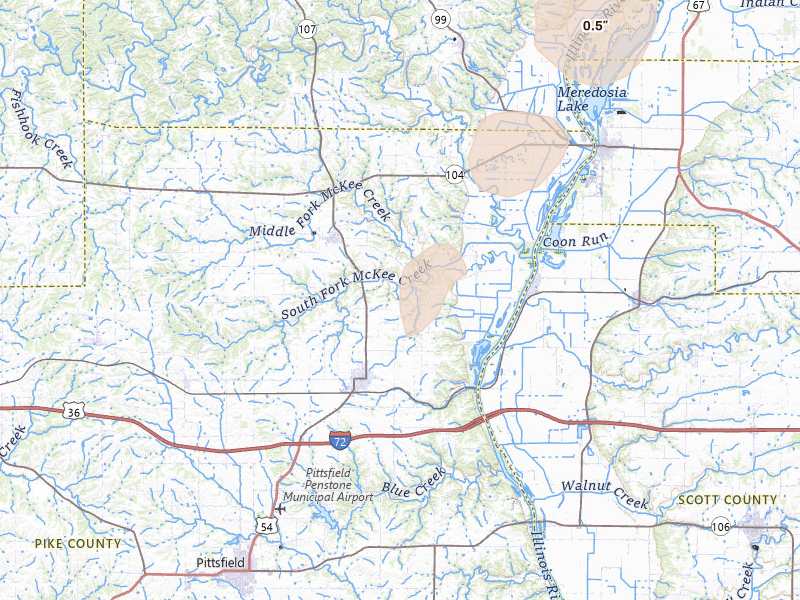 Radar-estimated hail-size map of the storm over Griggsville, IL on Apr 17, 2026
