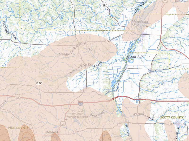 Radar-estimated hail-size map of the storm over Griggsville, IL on Apr 27, 2026