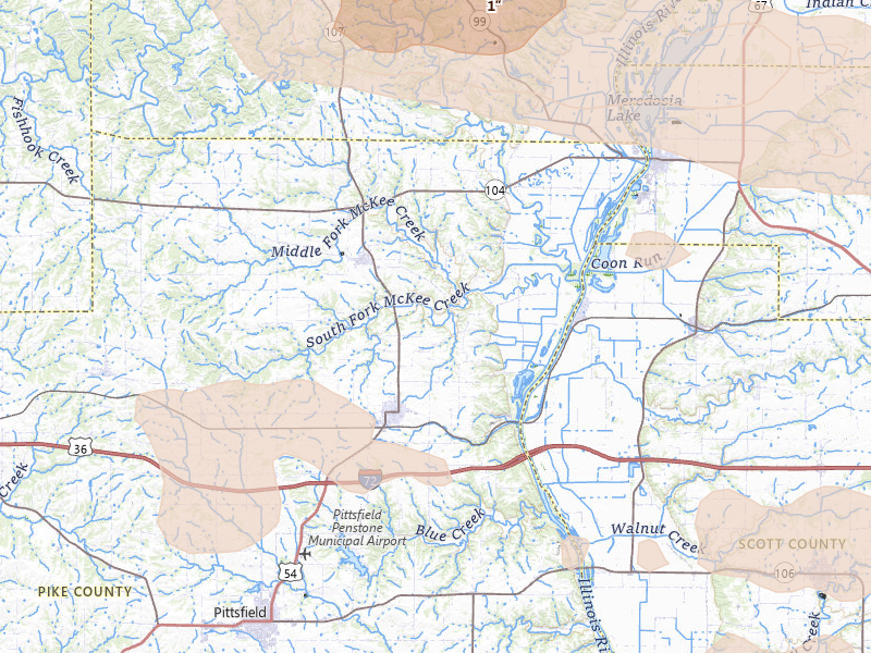 Radar-estimated hail-size map of the storm over Griggsville, IL on May 4, 2026