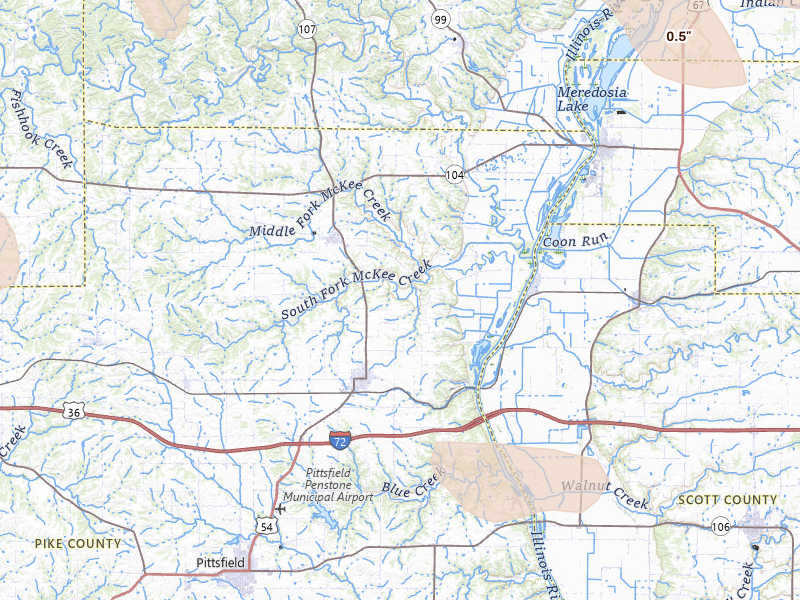 Radar-estimated hail-size map of the storm over Griggsville, IL on May 16, 2026