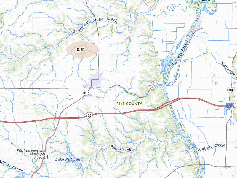 Radar-estimated hail-size map of the storm over Griggsville, IL on Aug 16, 2026