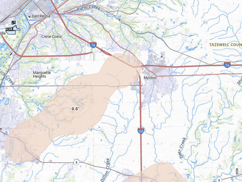 Radar-estimated hail-size map of the storm over Groveland, IL on Apr 3, 2026