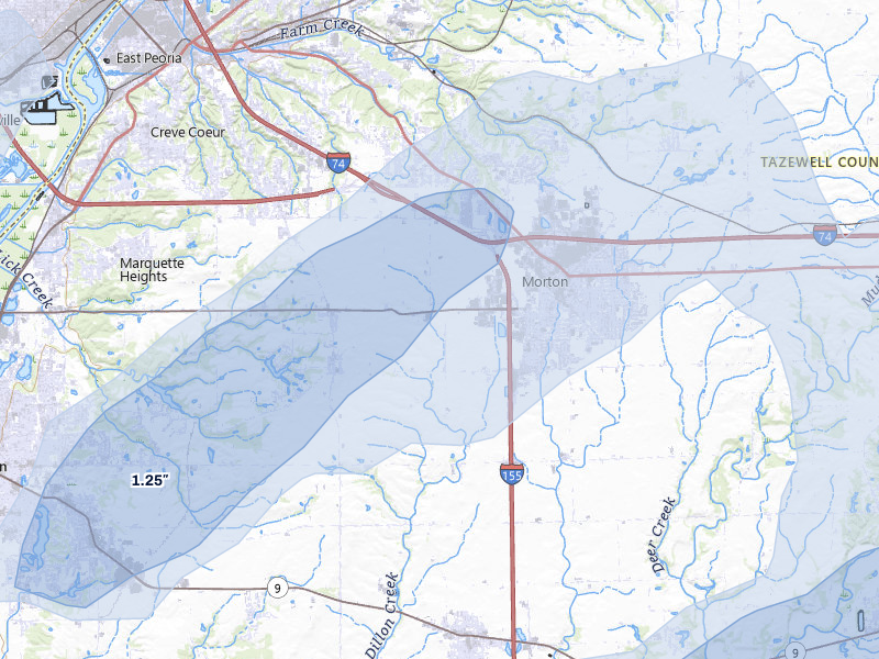 NEXRAD radar-signature map of the hail over Groveland, IL