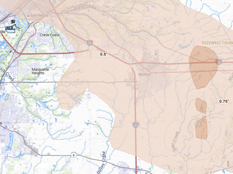 Radar-estimated hail-size map of the storm over Groveland, IL on Aug 13, 2026