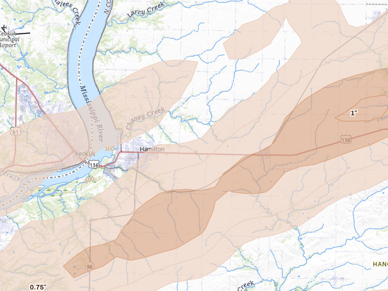Radar-estimated hail-size map of the storm over Hamilton, IL on Jun 11, 2026