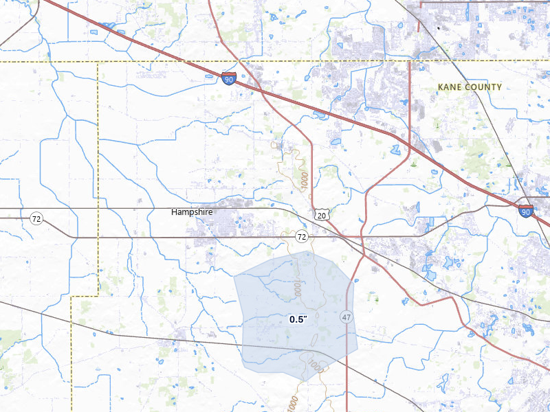 NEXRAD radar-signature map of the hail over Hampshire, IL