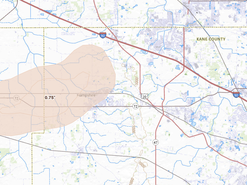 Radar-estimated hail-size map of the storm over Hampshire, IL on Jul 3, 2026