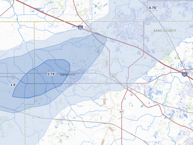 NEXRAD radar-signature map of the hail storm over Hampshire, IL on Jul 3, 2026