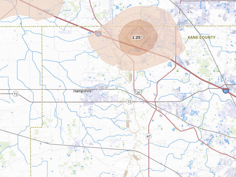 Radar-estimated hail-size map of the storm over Hampshire, IL on Jul 4, 2026