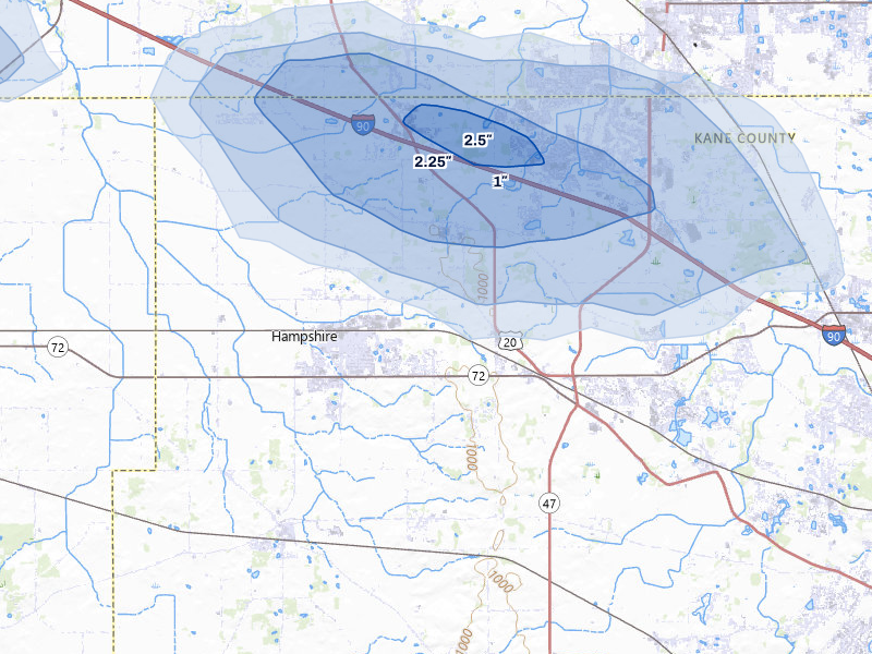 NEXRAD radar-signature map of the hail over Hampshire, IL