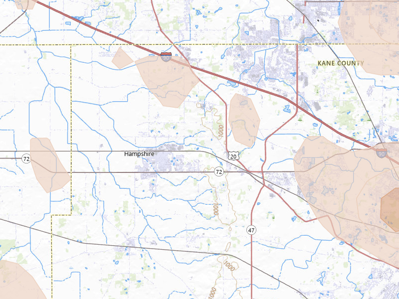 Radar-estimated hail-size map of the storm over Hampshire, IL on Jul 27, 2026