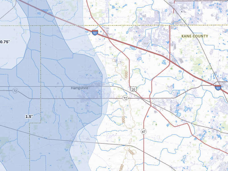 NEXRAD radar-signature map of the hail storm over Hampshire, IL on Jul 27, 2026