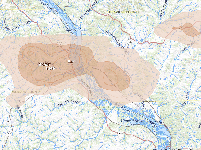 Radar-estimated hail-size map of the storm over Hanover, IL on Jul 3, 2026
