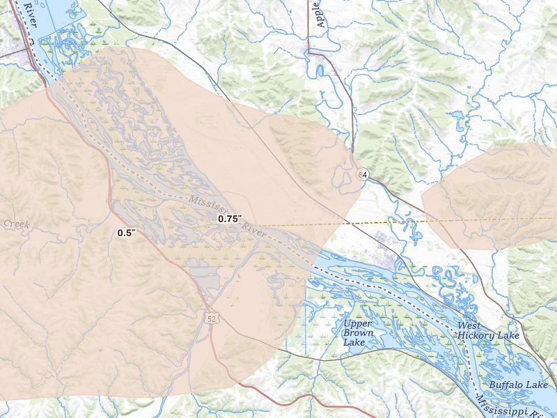 Radar-estimated hail-size map of the storm over Hanover, IL on Aug 11, 2026