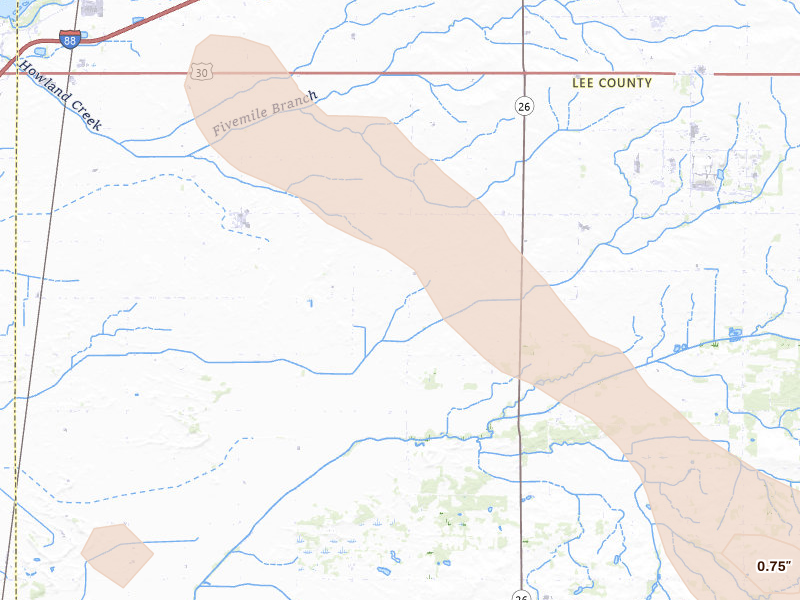 Radar-estimated hail-size map of the storm over Harmon, IL on Jun 24, 2026