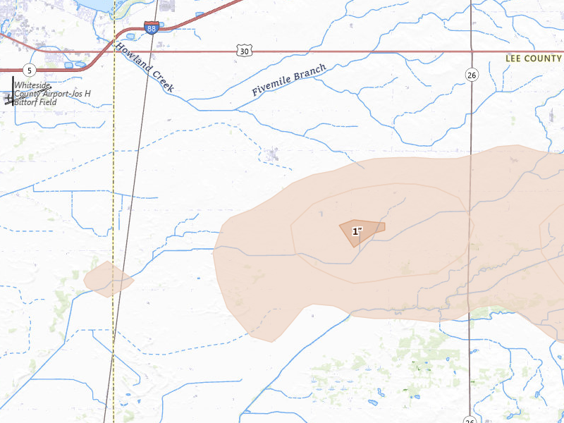 Radar-estimated hail-size map of the storm over Harmon, IL on Aug 9, 2026