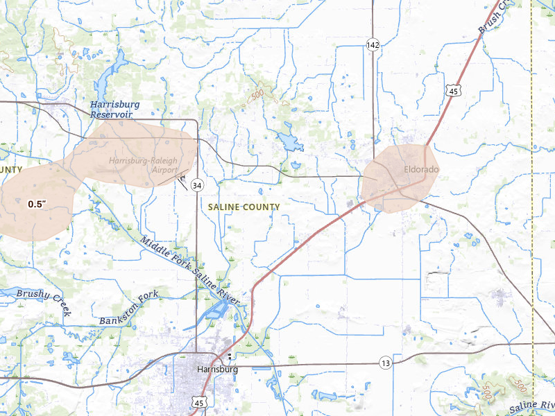 Radar-estimated hail-size map of the storm over Harrisburg, IL on Mar 4, 2026