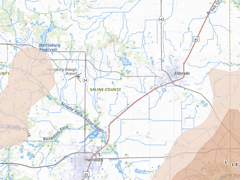 Radar-estimated hail-size map of the storm over Harrisburg, IL on Apr 27, 2026