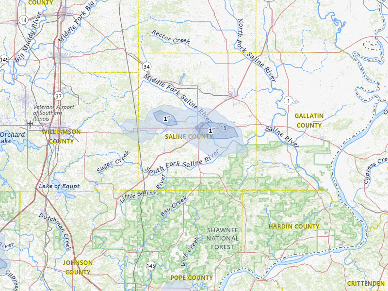 NEXRAD radar-signature map of the hail storm over Harrisburg, IL on Jun 1, 2026